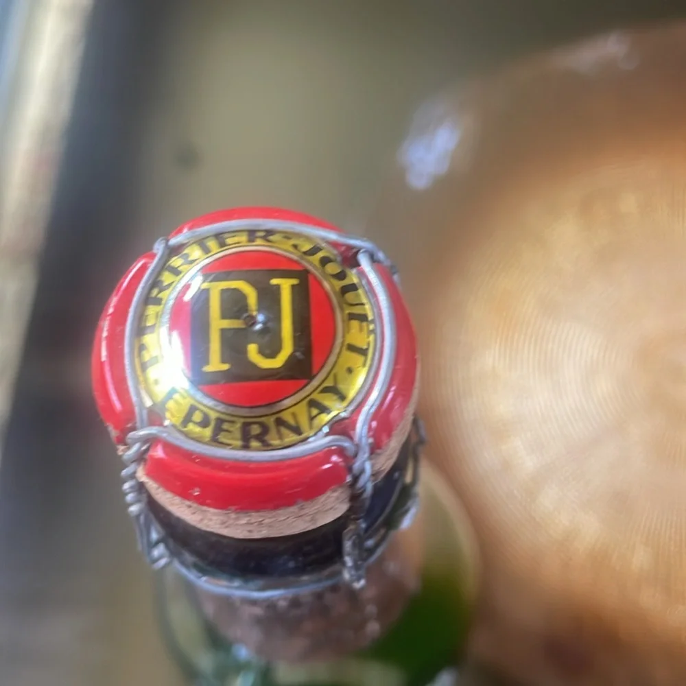 Perrier-Jouët Empty Champagne Bottle with Hand Painted Floral Glasses